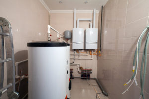 A boiler room with a commercial boiler system.
