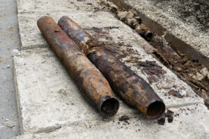 Fragments of old cast-iron water pipes. Rusty steel tube with holes of metallic corrosion. 