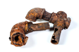 Fragments of corroded piping on a white background.