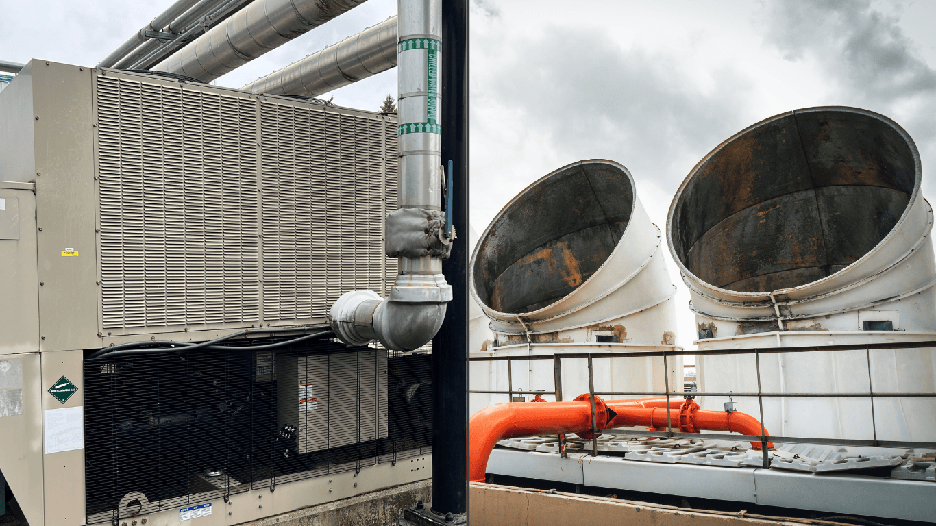 Industrial chiller and cooling tower equipment on a roof illustrates efficient cooling for industrial processes, with a water cooled chiller, heat exchanger, cooling towers, evaporative cooling, cool air, hot water, cooling water, and precise temperature control. The cooling system uses water cooled equipment to absorb heat, remove heat, reject heat, and support heat transfer, while the chiller removes heat from the process.