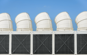 Industrial cooling tower fans supporting a closed loop glycol cooling system, designed for freeze protection, low temperature environments, and high-efficiency heat transfer.