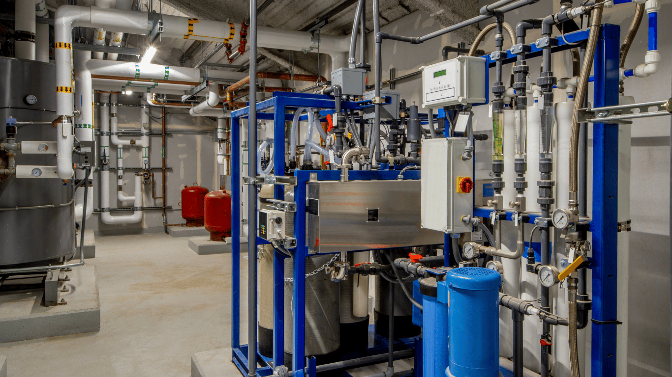 Healthcare water treatment system with filtration, chemical dosing, piping, and disinfection equipment for secondary disinfection.