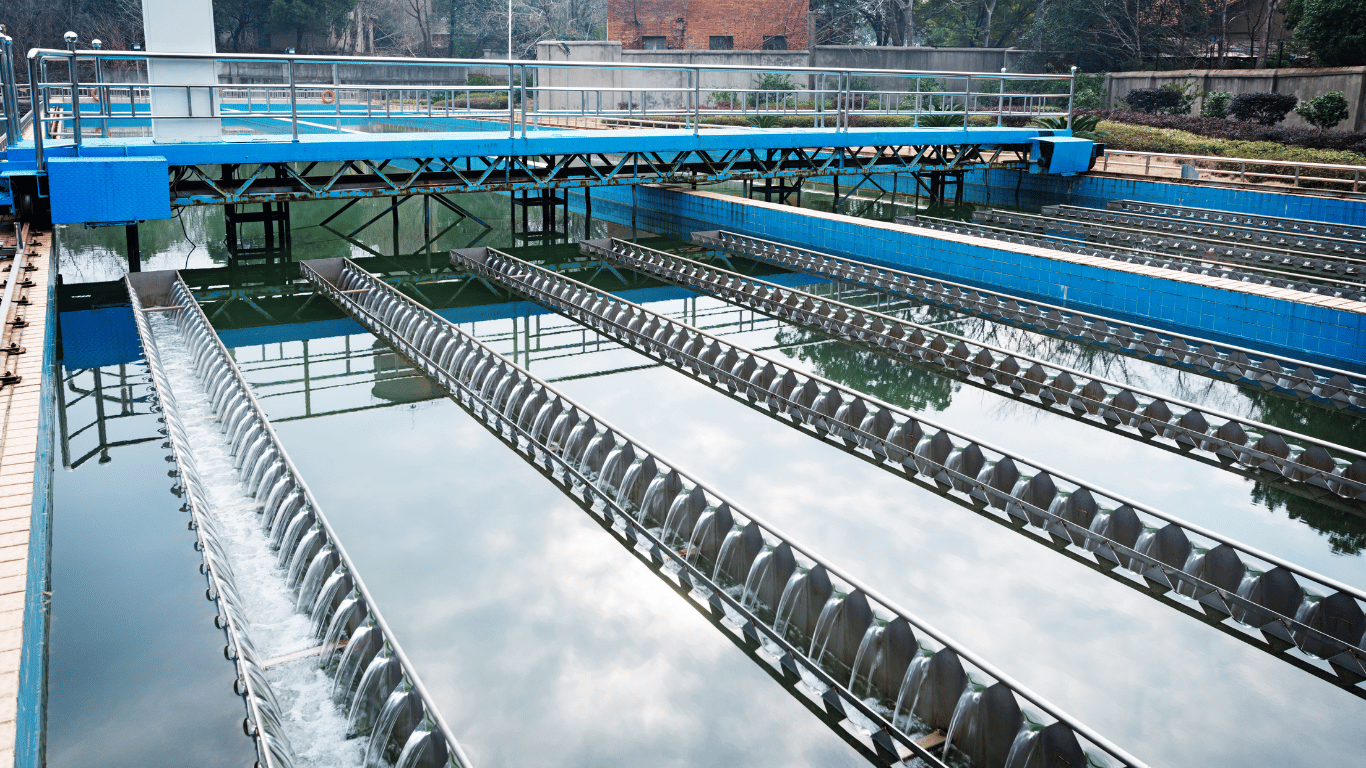Water treatment plant showing treatment process, water supply, raw water, water pumped through treatment equipment, and water quality systems serving a university campus.