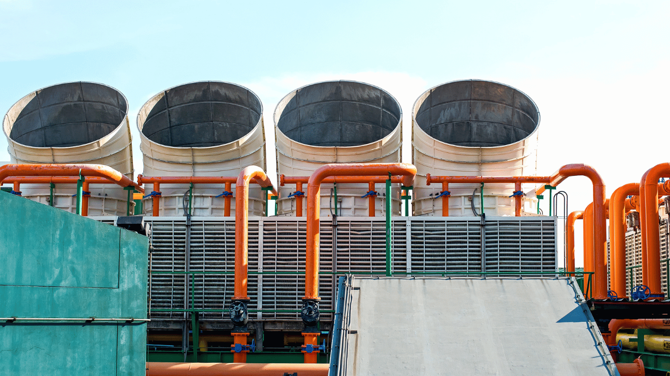 Cooling towers and industrial piping for cooling tower water treatment and industrial cooling water systems.